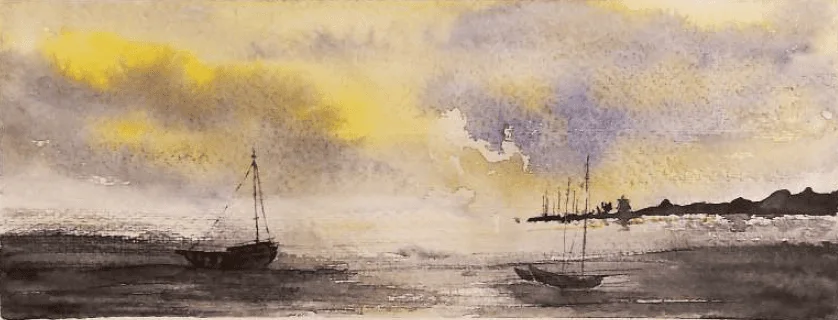 Watercolour painting by Maryam Javadian of small sailboats on a harbour at dusk