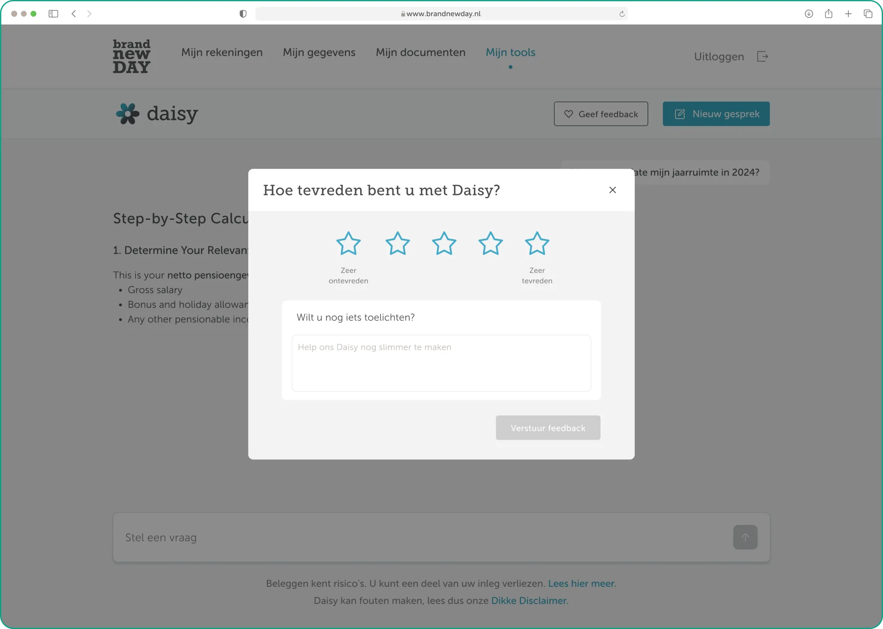 Feedback modal: “Hoe tevreden bent u met Daisy?” with a five-star rating and an optional comment field