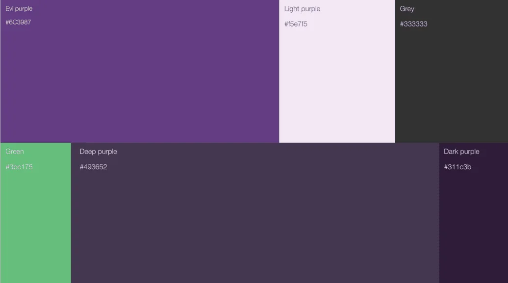 Evi colour palette swatches: purple, light purple, grey, green, deep purple and dark purple, each with hex values