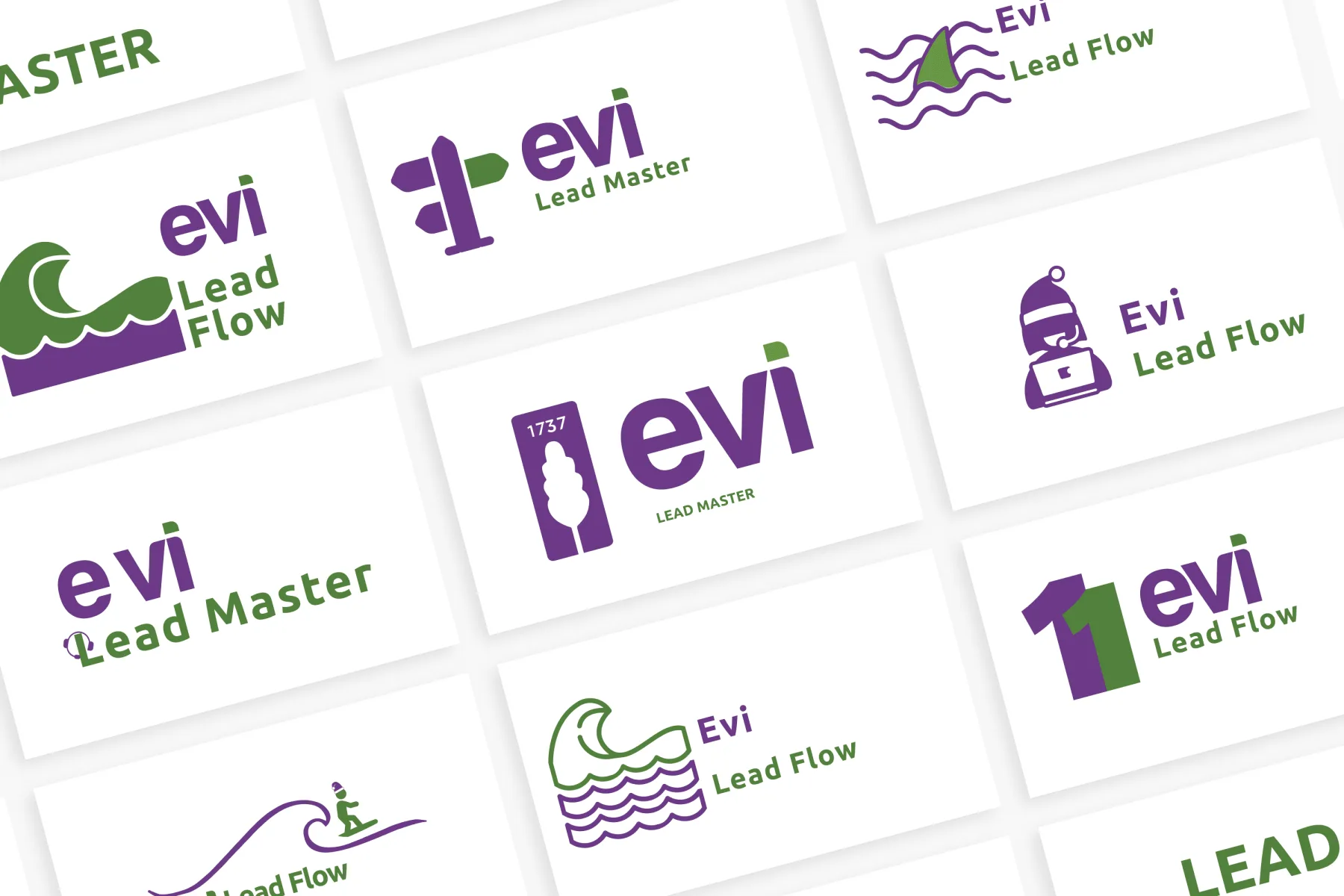 Grid of logo alternatives explored for Evi Lead Master and Evi Lead Flow