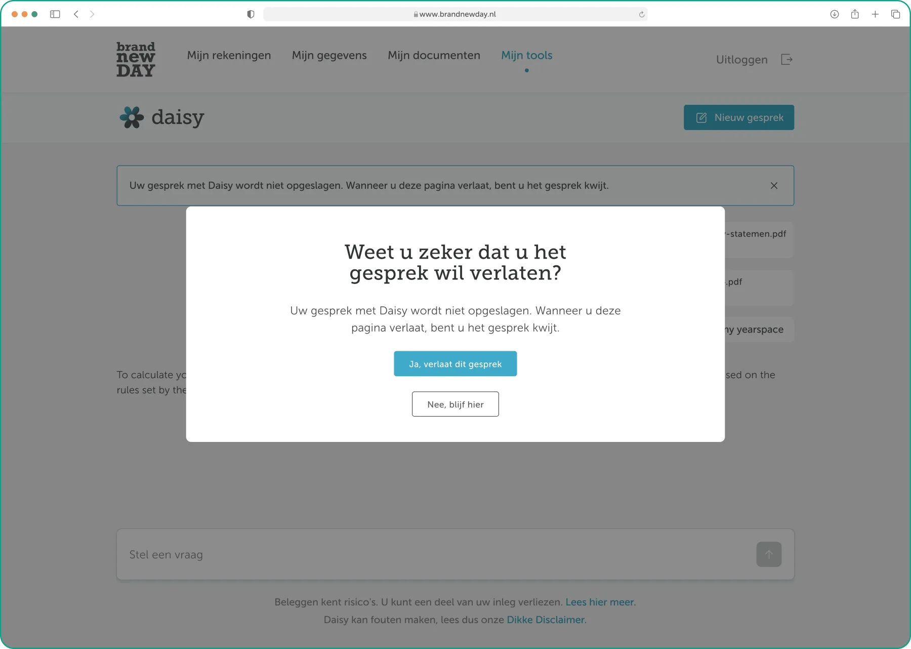 New-conversation warning modal asking the customer to confirm before losing the current, unsaved conversation