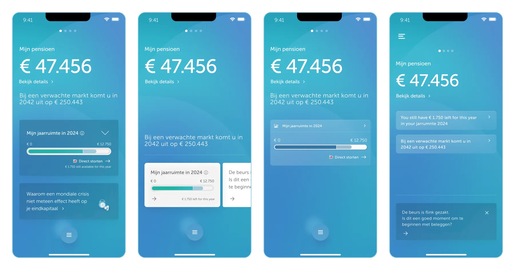 Rejected iterations showing jaarruimte given its own dedicated card versus the shipped single row in the existing stack