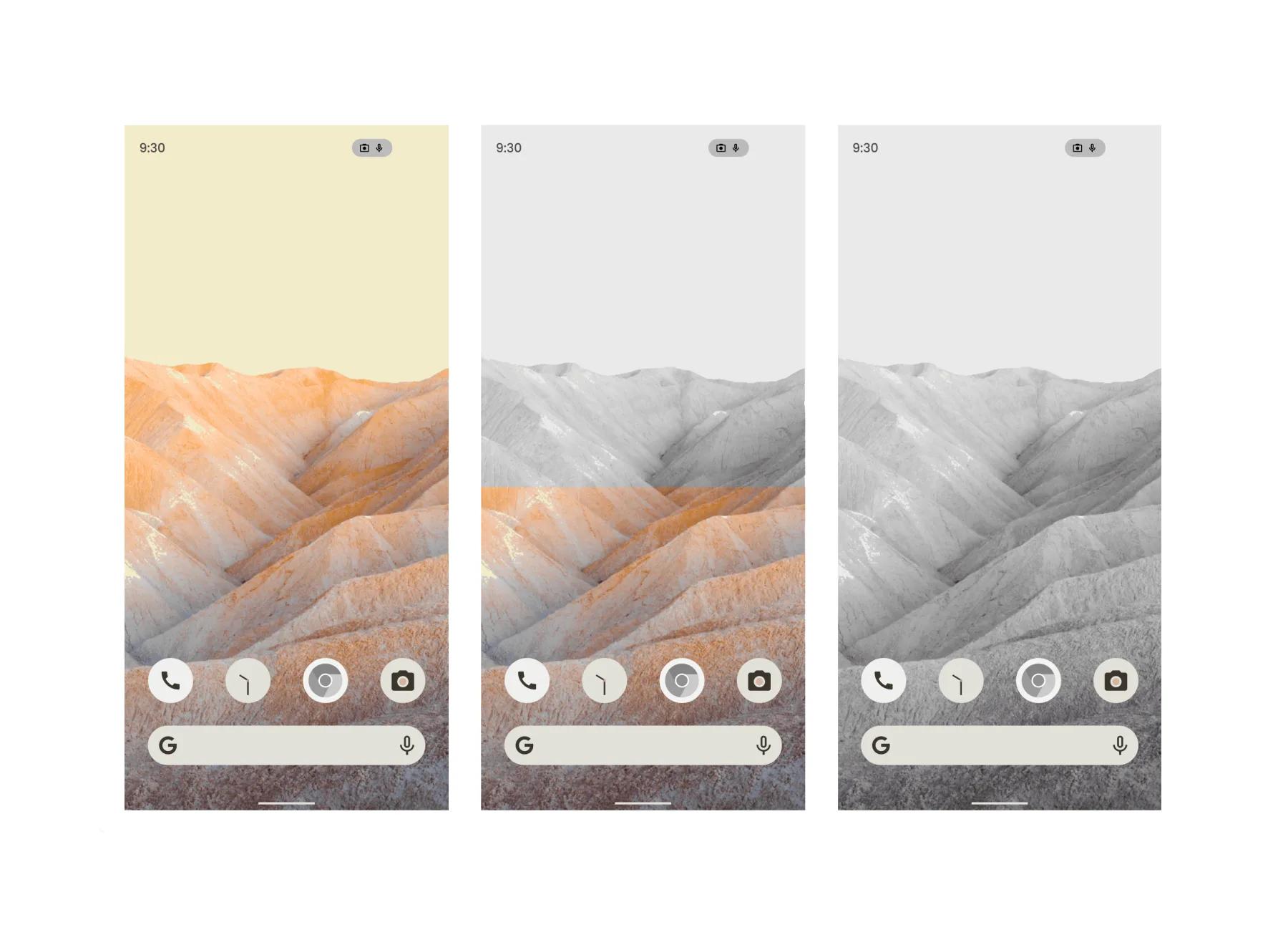 Three states of the dynamic wallpaper fading from warm colour to greyscale as phone usage increases