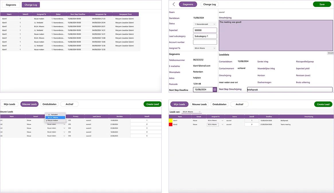 The old Evi Lead Master interface: an unorganized change log, edit form, dropdown menu and per-coach lead table built on Power Apps