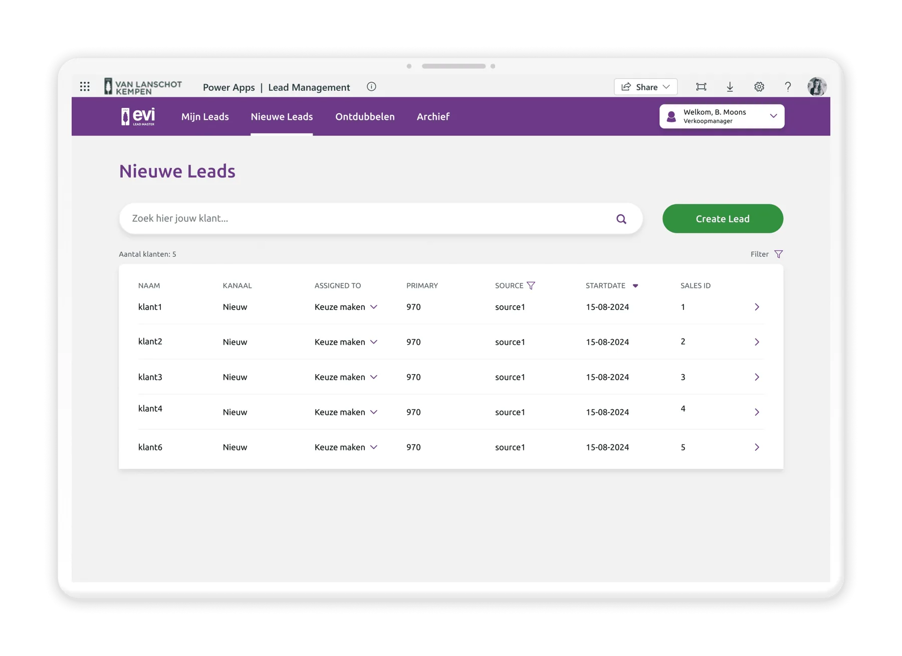 Redesigned Evi Lead Master sales dashboard