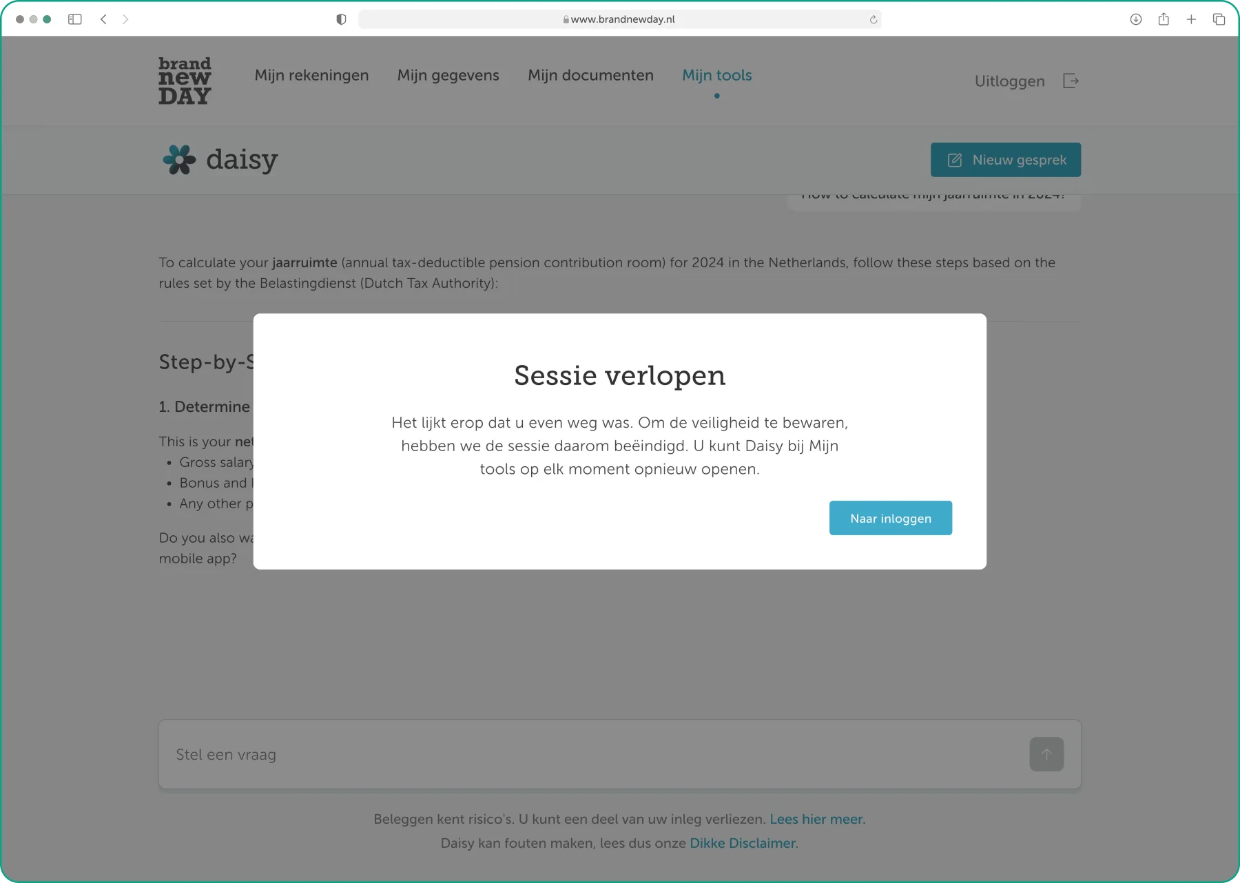 Session timeout modal: “Sessie verlopen”, explaining the session ended for safety with a route back to login