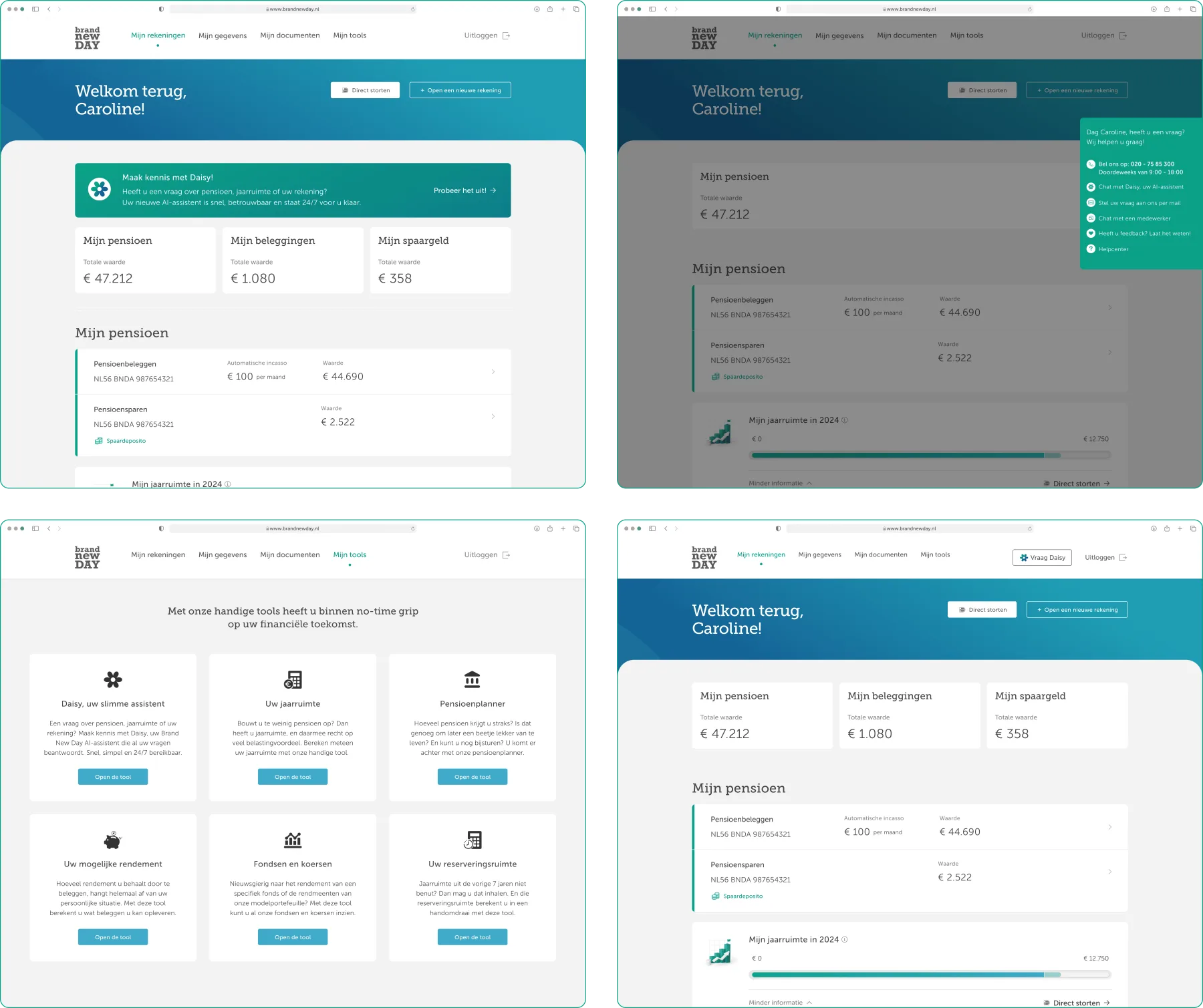 Four entry-point variants: introduction banner, help-centre panel entry, Mijn Tools card, and a parked permanent header button