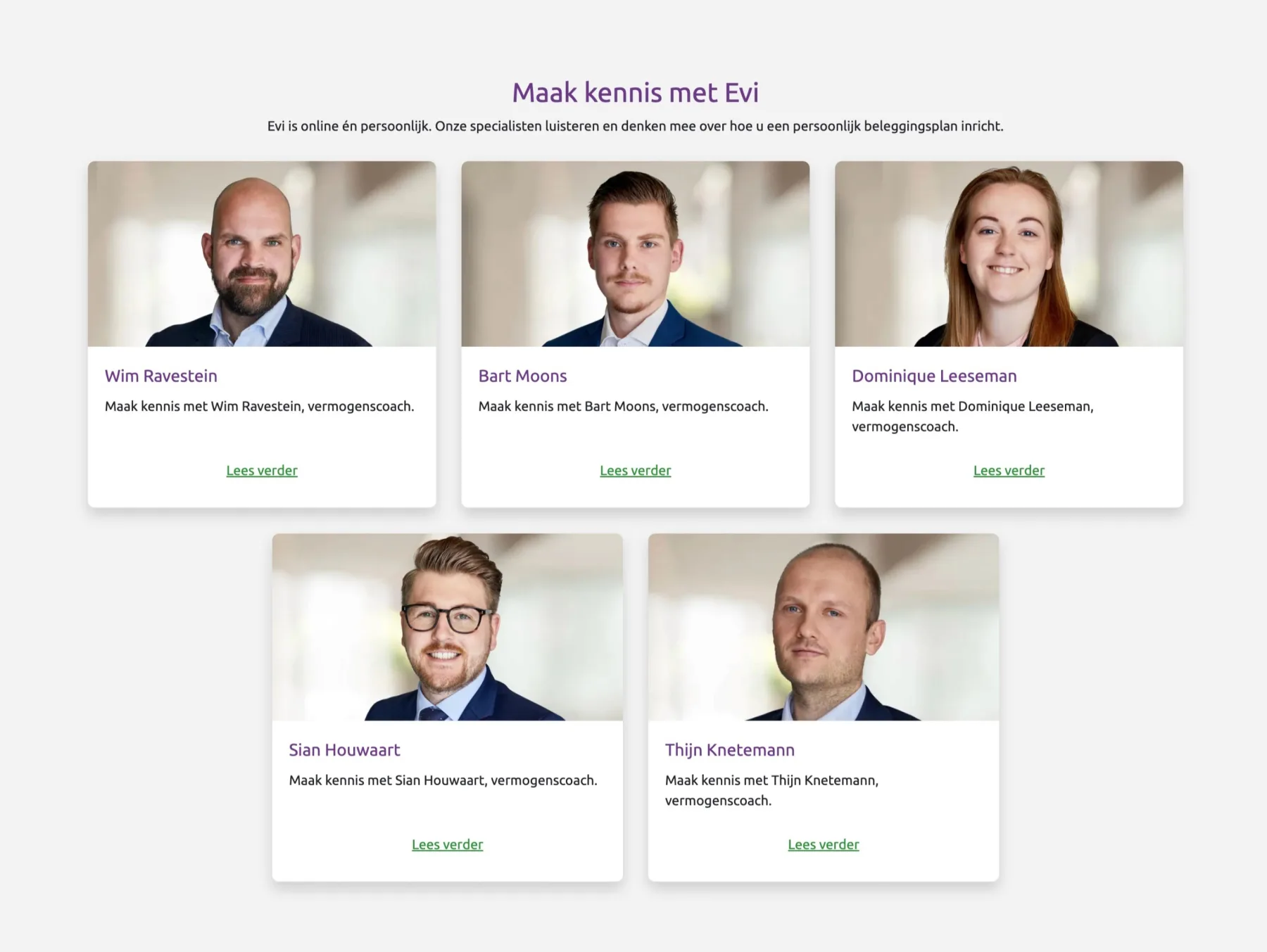 Evi website page introducing wealth coaches, each linking through to Lead Master