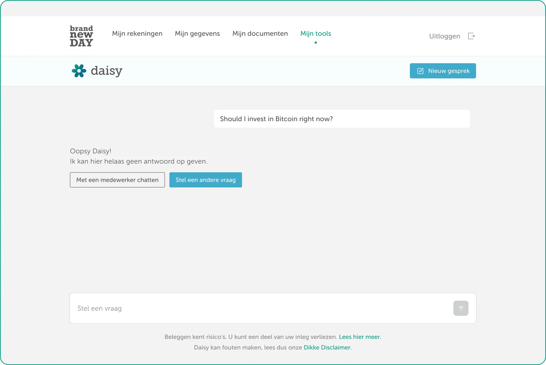 Daisy refusing a financial-advice question: “Should I invest in Bitcoin right now?” answered with “Oopsy Daisy! Ik kan hier helaas geen antwoord op geven.”