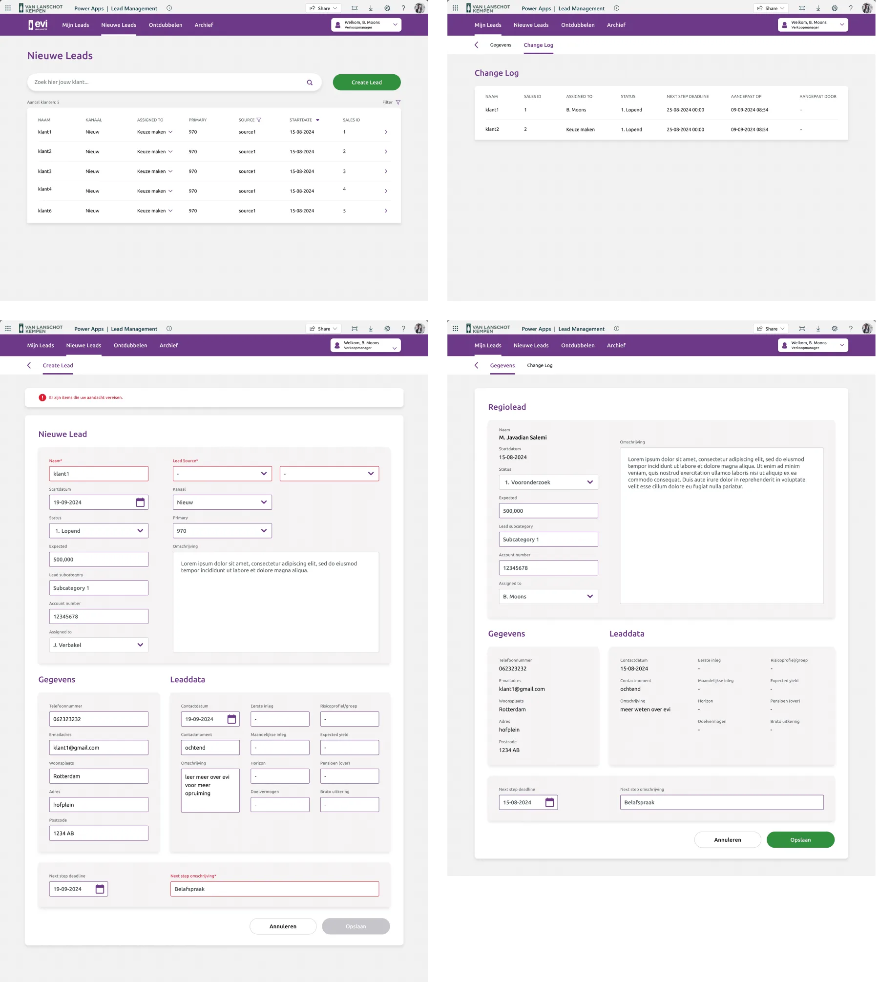 Final redesigned Evi Lead Master: a clean leads list, a change log, a validated create-lead form, and a lead detail view