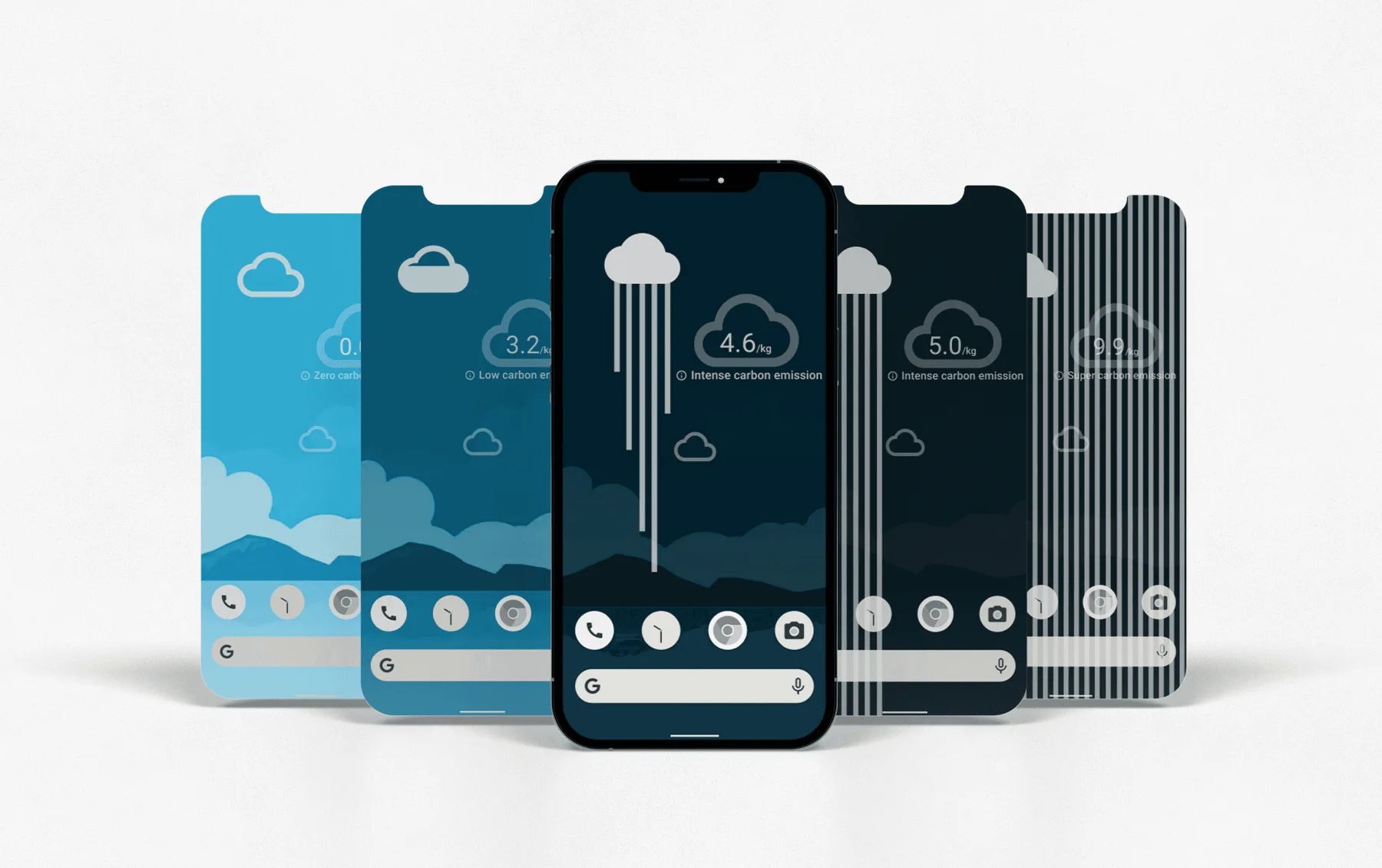 Five lock-screen states showing an increasingly dark rain cloud, from zero carbon emission to a super carbon emission warning
